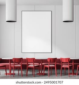 Minimalist cafe interior with red dining tables and chairs, sofa on concrete floor. Colored restaurant eating space. Mockup canvas poster on white wall. 3D rendering - Powered by Shutterstock