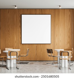 Minimalist cafe interior with round dining tables and chairs, light concrete floor. Stylish restaurant eating space. Mockup large square canvas on wooden wall. 3D rendering - Powered by Shutterstock