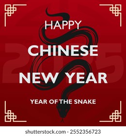 Minimalist Chinese New Year 2025 design featuring a black snake illustration intertwined with bold white typography on a red background. Decorative corners and subtle "2025" text add elegance. - Powered by Shutterstock