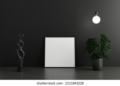 Minimalist and clean square black poster or photo frame mockup on the floor leaning against the dark room wall with pots and decoration