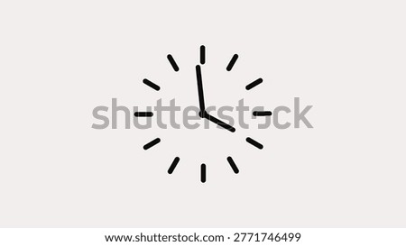 A minimalist of a clock face with black lines on a white background. The clock has a short hour hand and a longer minute hand. Short lines mark the hours around the clock face. The clock appears to show a specific time but the exact hour is not clear.