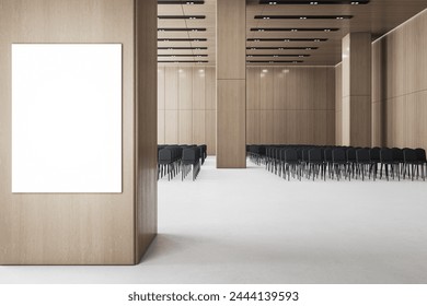 Minimalist conference hall with wood accents and blank poster frame. Venue design concept. 3D Rendering - Powered by Shutterstock