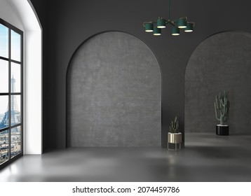Minimalist  Dark Room With Empty Concrete Wall Background In Modern House, Minimal Interior Design Of Cozy Home . 3D Rendering