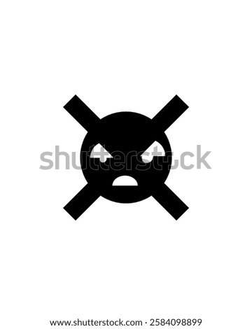 A minimalist design featuring a circular form with crossed lines and angry eyes.