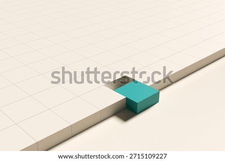 Minimalist design featuring a cube fitting into a grid of cubes, symbolizing standing out from the crowd, team building or integration.