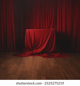 A minimalist design featuring a rectangular table covered by a flowing red tablecloth 3D illustration. The folds and drapes of the cloth create a sense of mystery and intrigue