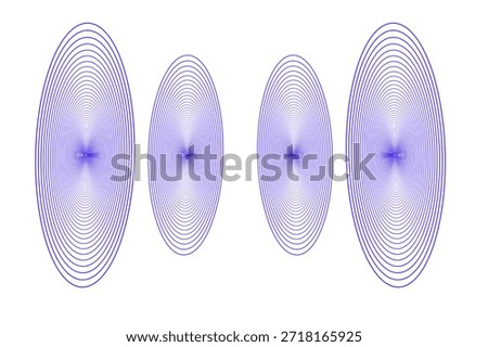 A minimalist digital composition featuring four vertically elongated oval shapes. Each form is composed of numerous concentric blue lines that create a moiré-like depth effect against a neutral gray backdrop. The repetition and varying heights of the shapes evoke a sense of digital frequency, sound waves, or mathematical precision.