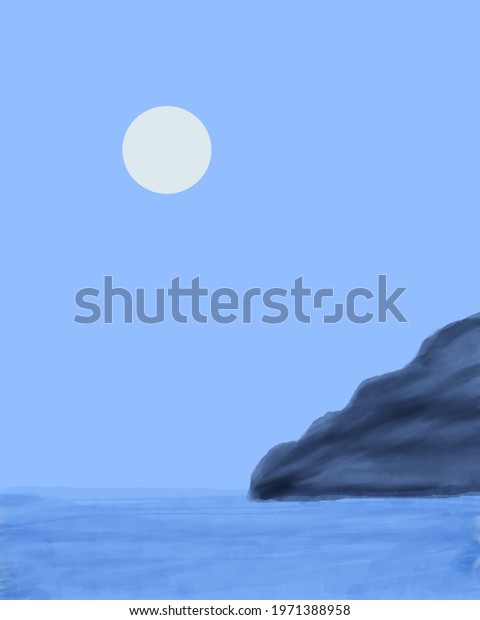 minimalist drawing of a dark blue crag on the\
seashore under the full moon at\
night
