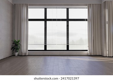Minimalist empty interior with big window. 3d render, mock up for furniture placement