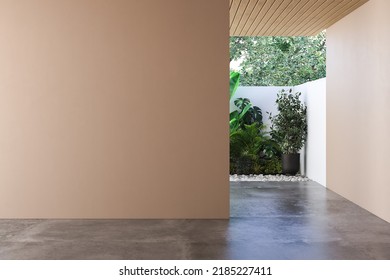 Minimalist Empty Room With  Beige Background, Wooden Ceiling, Concrete Floor, Garden View, Cozy Home. Copy Space Area For Office And Living Rooms. 3d Rendering