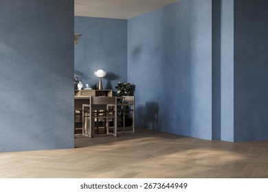 Minimalist empty room interior with soft blue textured walls, wooden herringbone floor, and large window overlooking greenery. Clean modern design with natural light. 3D render.