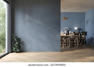 Minimalist empty room interior with soft blue textured walls, wooden herringbone floor, and large window overlooking greenery. Clean modern design with natural light. 3D render.