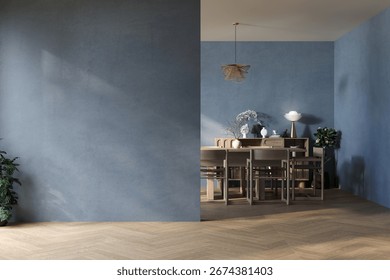 Minimalist empty room interior with soft blue textured walls, wooden herringbone floor, and large window overlooking greenery. Clean modern design with natural light. 3D render.