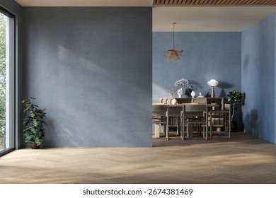 Minimalist empty room interior with soft blue textured walls, wooden herringbone floor, and large window overlooking greenery. Clean modern design with natural light. 3D render.