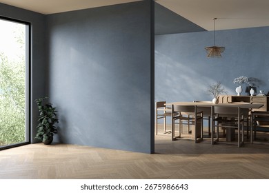 Minimalist empty room interior with soft blue textured walls, wooden herringbone floor, and large window overlooking greenery. Clean modern design with natural light. 3D render.