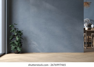 Minimalist empty room interior with soft blue textured walls, wooden herringbone floor, and large window overlooking greenery. Clean modern design with natural light. 3D render.