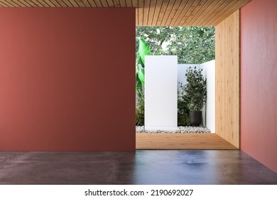 Minimalist Empty Room With Red Background, Wooden Ceiling And Wall, Concrete Floor, Garden View, Cozy Home. Copy Space Area For Office And Living Rooms. 3d Rendering