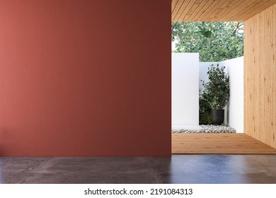 Minimalist Empty Room With Red Background, Wooden Ceiling And Wall, Concrete Floor, Garden View, Cozy Home. Copy Space Area For Office And Living Rooms. 3d Rendering