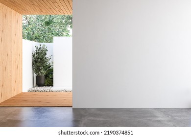 Minimalist Empty Room With White Background, Wooden Ceiling And Wall, Concrete Floor, Garden View, Cozy Home. Copy Space Area For Office And Living Rooms. 3d Rendering