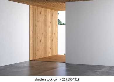 Minimalist Empty Room With White Background, Wooden Ceiling And Wall, Concrete Floor, Garden View, Cozy Home. Copy Space Area For Office And Living Rooms. 3d Rendering