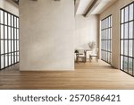 Minimalist empty room with wooden flooring, large grid windows, neutral walls, and exposed ceiling beams, filled with natural light. 3D rendering.