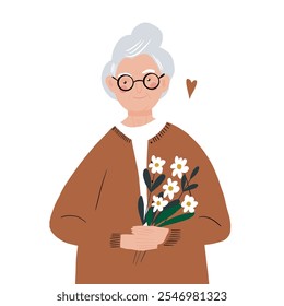 A minimalist flat illustration of an elderly woman wearing glasses and holding a bouquet of daisies. A simple design that conveys charm and tenderness. - Powered by Shutterstock