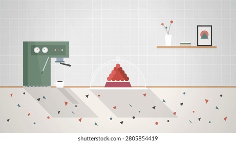 A minimalist flat vector illustration of a modern cafe counter featuring a green espresso machine, a glass dome covering red pastries, and soft shadows cast on a terrazzo surface.