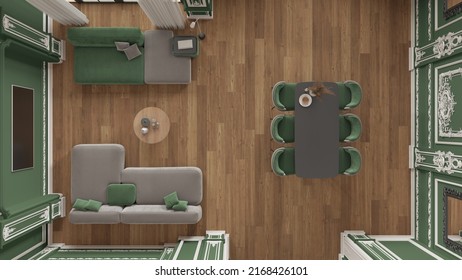 Minimalist Furniture In Classic Apartment In Green Tones, Living And Dining Room With Table And Sofa. Plaster Molded Walls And Parquet. Baroque Interior Design, Top View, Plan, Above, 3d Illustration