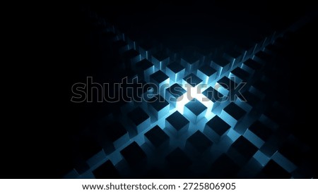 Minimalist geometric background. Abstract structure of volumetric cubes illuminated with bright blue neon light. 3d digital illustration.