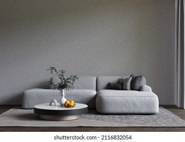 Minimalist Gray Interior With Sofa And Coffee Table On The Carpet. Big Empty Wall Mock Up. 3D Render. 3D Illustration.