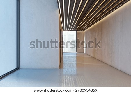 Minimalist hallway interior with linear ceiling lights, beige panels, and glossy floor, featuring a window view of city buildings. 3D Rendering