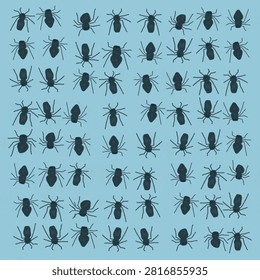 Minimalist hand-drawn spider pattern featuring black spider silhouettes arranged in a repeating grid on a light blue background. Modern abstract design for wallpaper, textiles, wrapping paper and surface patterns.