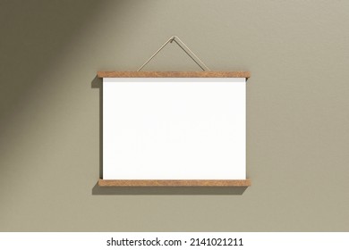 Minimalist Hanging Horizontal Dark Wood Poster Canvas Or Photo Frame Mockup In Living Room. 3D Rendering.