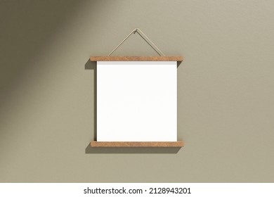 Minimalist Hanging Square Dark Wood Poster Canvas Or Photo Frame Mockup In Living Room. 3D Rendering.
