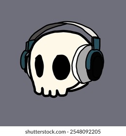 A minimalist illustration of a cartoon skull wearing headphones on a gray background, combining a playful and edgy vibe.
 - Powered by Shutterstock