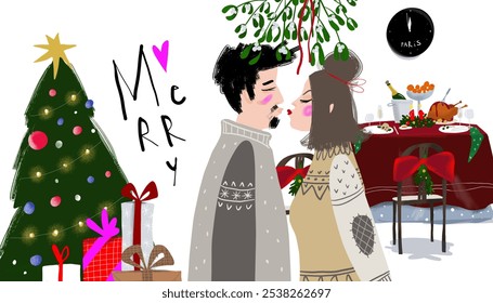 A minimalist illustration combining a clock, Christmas tree, wrapped gifts, a festive table, and a couple kissing under the mistletoe, capturing the joy and warmth of holiday celebrations. - Powered by Shutterstock