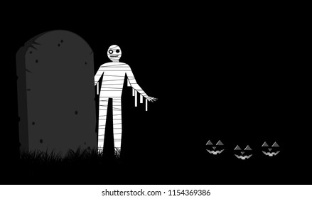 Minimalist illustration design for halloween theme with mummy, grave stone and black pumpkins on dark background.