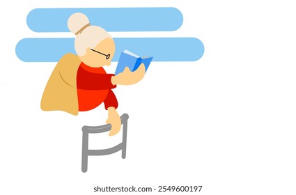 Minimalist illustration of an elderly woman reading a book while wearing glasses, dressed in a red outfit with a brown shawl, sitting on a small chair. - Powered by Shutterstock