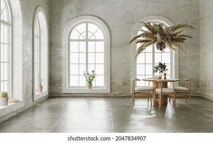 Minimalist interior design of the empty living room with grungy walls and arch windows. Hanging flower cloud over the round table, 3d render 
