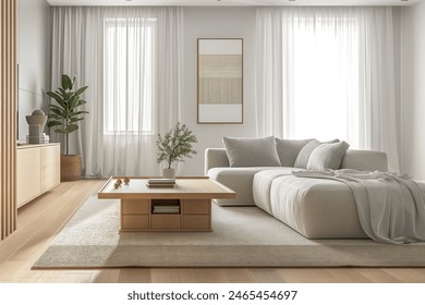 Minimalist interior design of a modern living room with a white sofa, wooden coffee table and soft curtains. Scandinavian home decor in a light beige color scheme in the style of Scandinavian design.  - Powered by Shutterstock