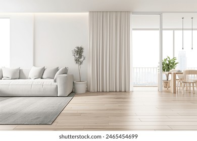 Minimalist interior design of a modern living room with a white sofa, wooden floor and beige curtains. Scandinavian home decor with a panoramic window view in the style of Scandinavian home decor. - Powered by Shutterstock