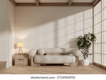 Minimalist interior design showcasing simplistic living space with natural elements. 3D render illustration
