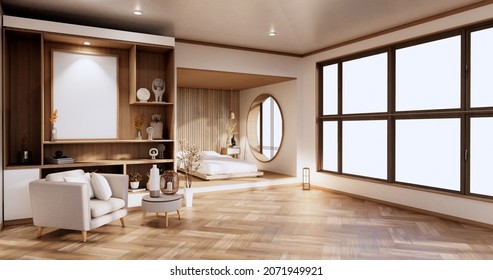 Minimalist Interior Mock Up With Zen Bed Plant And Decoartion In Japanese Bedroom. 3D Rendering.