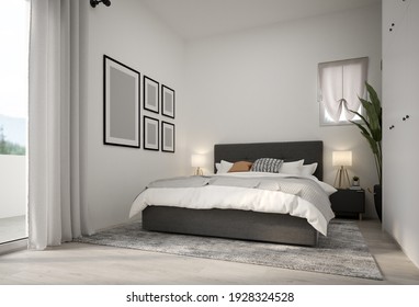 Minimalist Interior Of Modern Bed Room 3D Rendering