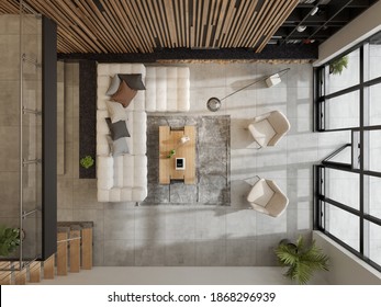 Minimalist Interior Of Modern Living Room Top View 3D Rendering