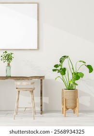 A minimalist interior scene featuring a rustic wooden table with two stools, a potted plant, and a blank picture frame on a light-colored wall. Vertical view. 