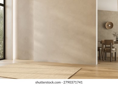 Minimalist interior wall backdrop with beige textured plaster, light wood floor, woven rug and dining area in soft natural light. 3d render