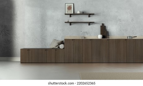 Minimalist Japandi Kitchen In White And Dark Tones. Wallpaper, Wooden Cabinets, Shelves And Bench. Concrete Floor, Wabi Sabi Interior Design, 3d Illustration