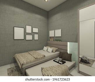 Minimalist Kids Bedroom Design With Under Sliding Bed Idea And Simple Wooden Headboard. 3d Rendering, 3d Illustration. 