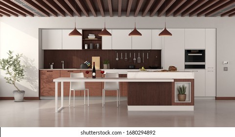 Minimalist kitchem with island,dining table , wooden beams and ventilation grilles - 3d rendering